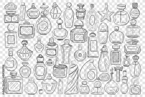 Bottles with perfume doodle set. Collection of hand drawn elegant glass jars and bottles with perfume or cosmetics for beauty of various shapes and sizes isolated on transparent background