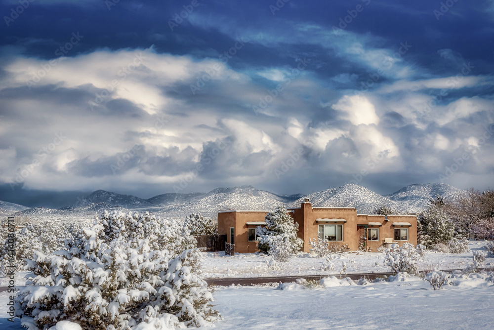 Fototapeta premium Snowy field in Santa Fe, New Mexico, USA