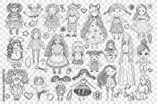 Dolls and toys for girl doodle set. Collection of hand drawn handmade dolls toys in dress with long hair for small girls games play isolated on transparent background