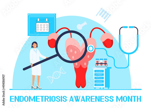 Endometriosis Awareness Month concept vector. Health care event is celebrated in March. Tiny doctors examine uterus, womb with magnifier