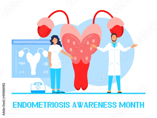 Endometriosis Awareness Month concept vector. Health care event is celebrated in March. Tiny doctors examine uterus, womb with magnifier