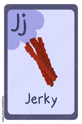 Abc food education flash card, Letter J - jerky. Cartoon design template with colorful alphabet education card. Collection on violet backdrop.