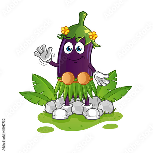 eggplant hawaiian waving character. cartoon mascot vector