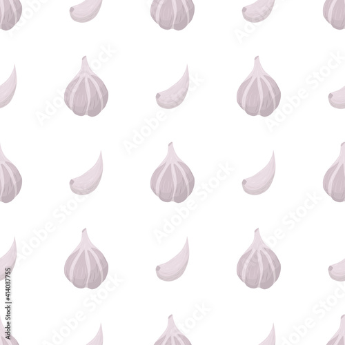 Garlic bulb and garlic clove seamless pattern in cartoon art style. Vector illustration graphic design. Healthy food background. Vegetable, spice for cooking.