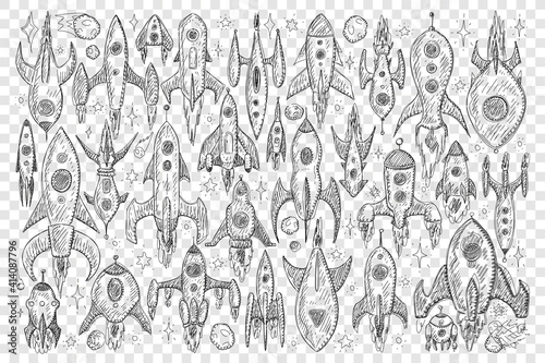Rockets during flight doodle set. Collection of hand drawn various rockets spaceships during flight with engines and wings isolated on transparent background