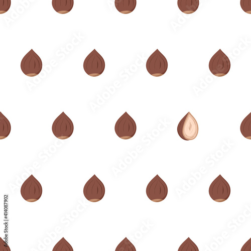 Cartoon seamless pattern with hazelnut with eye catching element - half nut. Useful for restaurant identity, packaging, menu design and interior decorating. Vector nature graphic background.