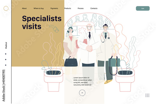 Medical insurance -specialists visit -modern flat vector concept digital illustration - medical specialists standing at the private residence entrance door Home medical service, part of insurance plan