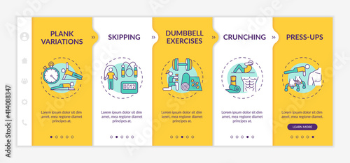 At-home physical training session onboarding vector template. Plank variations. Skipping, crunching. Responsive mobile website with icons. Webpage walkthrough step screens. RGB color concept