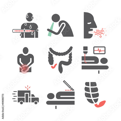 Appendicitis. Symptoms, Treatment. Line icons set. Vector signs for web graphics.