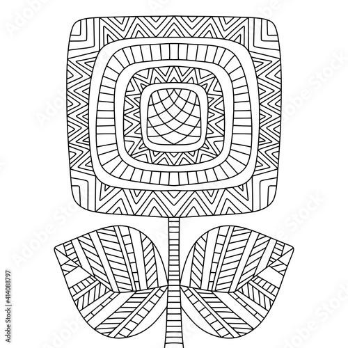 Geometry fantasy flower ornament coloring page for kids and adults stock vector illustration. Blooming square flower with two leaves symmetrical illustration. Summer and spring flower plant zen art