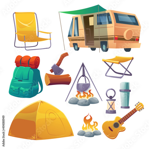 Summer camp with tent, bonfire, backpack and van. Equipment for travel, hiking and activity vacation. Vector cartoon set of campfire with bowler, guitar, chair and lantern isolated on white background