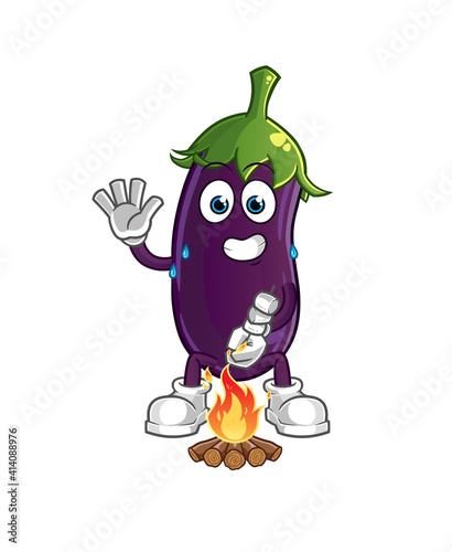 eggplant roasting marshmallows character. cartoon mascot vector