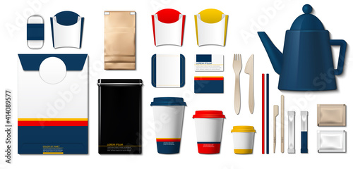 Coffee or tea packaging products mock up. Cups, container, sugar paper bags