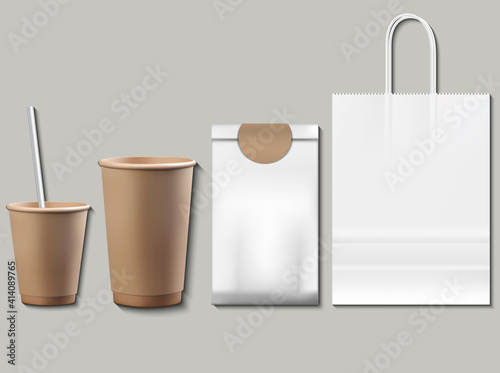 Coffee or tea packaging products mock up. Cups, container, paper bags Vector ...