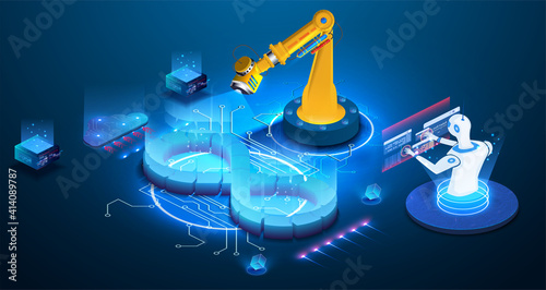 Banner of  AI DevOps concept. Development operations, continuous process of software production and administration. Automation cycles software construction 3d vector line art web banner