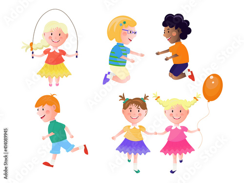 Children of different ethnicity playing games. Set of vector illustrations.