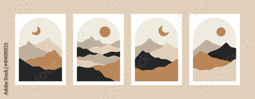 Abstract minimalist posters. Geometric contemporary landscape wall decoration, poster, cover, mountain boho art print. Vector