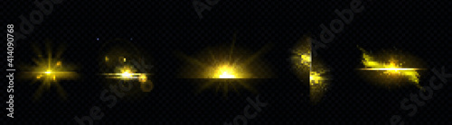 Gold light, sun radiant, golden line, sunburst isolated on black background. Dusk or dawn bursting rays, firework glow, blast or magic beams, yellow spark. Realistic 3d vector illustration, icons set