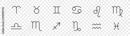 Zodiac signs. Astrological horoscope and prediction of the future. Astral symbols in checkerboard background.