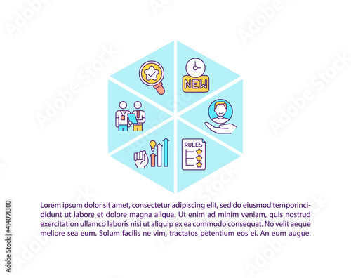 Recruitment concept icon with text. Work adaptation strategy. Personnel, staff orientation. PPT page vector template. Brochure, magazine, booklet design element with linear illustrations