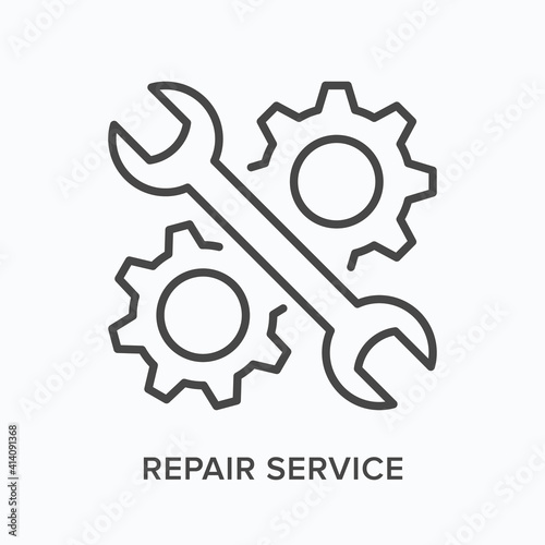 Repair service flat line icon. Vector outline illustration of wrench and cogwheel. Black thin linear pictogram for technical support