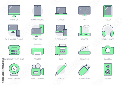 Computer devices simple line icons. Vector illustration with minimal icon - laptop, pc, smartphone, tv, monitor, tablet, fax, landline phone and office equipment. Green Color, Editable Stroke