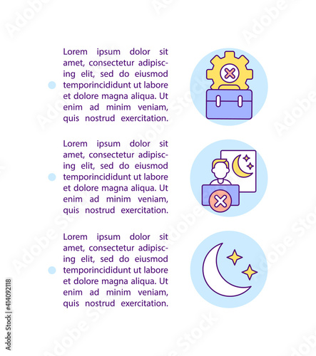 No night shift at work concept icon with text. Proper job schedule for young employee. PPT page vector template. Brochure, magazine, booklet design element with linear illustrations