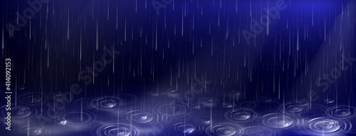 Rain, falling water drops and puddle ripples on dark blue background. Shower droplets, storm or downpour texture, pure aqua pattern, autumn season rainy weather, Realistic 3d vector illustration