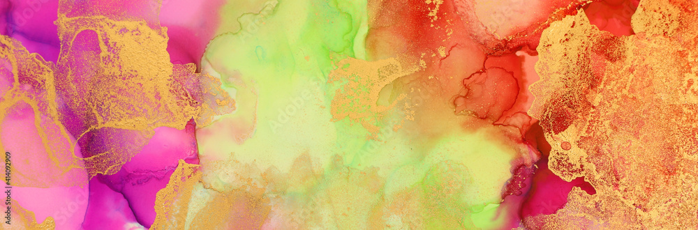 Obraz premium art photography of abstract fluid art painting with alcohol ink, pink, red, green and gold colors