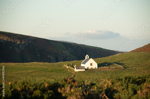 Mwnt church on hill by the coast. Cardigan Wales.