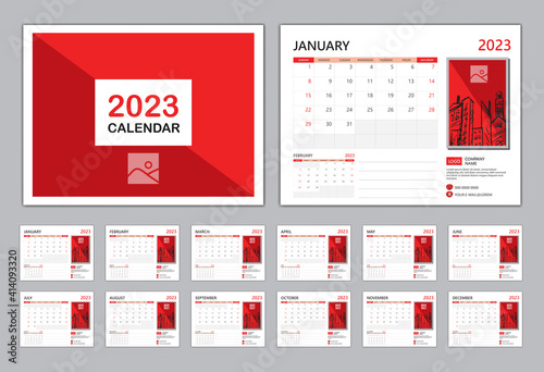 Calendar 2023 template vector, Happy new year 2023, Set Desk calendar 2023, Planner Modern style, Wall calendar design, Week start on Sunday, Set of 12 Months, Red cover design. organizer stationery 