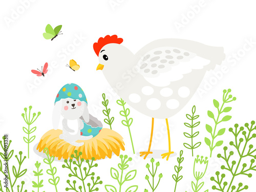 Rabbit and chicken in branches. Cartoon elements for celebrate easter, butterflies around cute bunny with broken egg, vector illustration concept of spring holiday