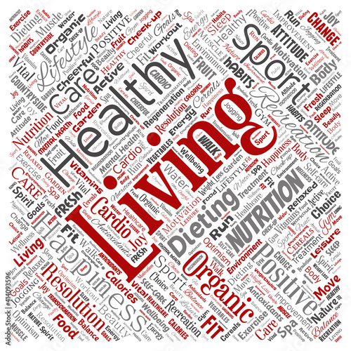 Vector conceptual healthy living positive nutrition sport square red word cloud isolated background. Collage of happiness care, organic, recreation workout, beauty, vital healthcare spa concept