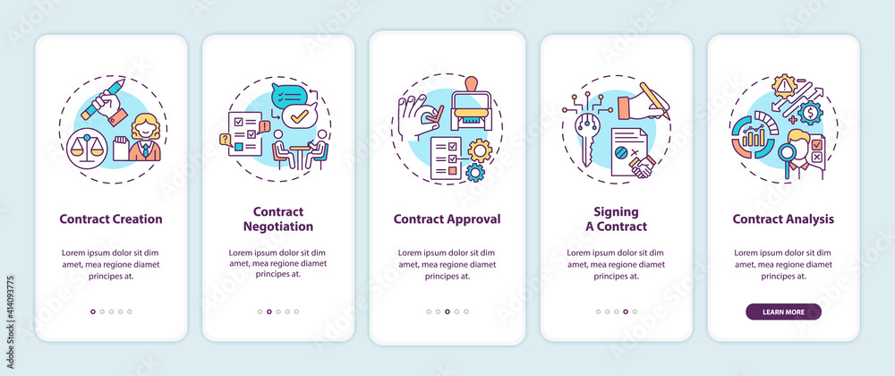 Contract lifecycle steps onboarding mobile app page screen with concepts. Contract creation walkthrough 5 steps graphic instructions. UI vector template with RGB color illustrations