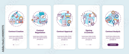 Contract lifecycle steps onboarding mobile app page screen with concepts. Contract creation walkthrough 5 steps graphic instructions. UI vector template with RGB color illustrations