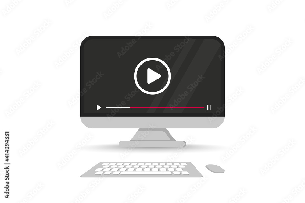 Computer screen with video player on screen. Monitor front view with mock up live stream window, player. Display with multimedia frame. Online video, watch movies, educational materials, web courses Computer screen with video player on screen. Monitor front view with mock up live stream window, player. Display with multimedia frame. Online video, watch movies, educational materials, web courses