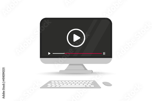 Computer screen with video player on screen. Monitor front view with mock up live stream window, player. Display with multimedia frame. Online video, watch movies, educational materials, web courses