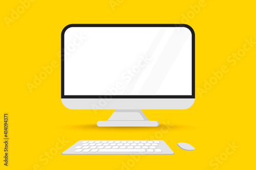Computer monitor front view with mouse and keyboard. Screen computer monitor. Display with empty screen. Technology gadget with blank copy space. Computer screen with color background