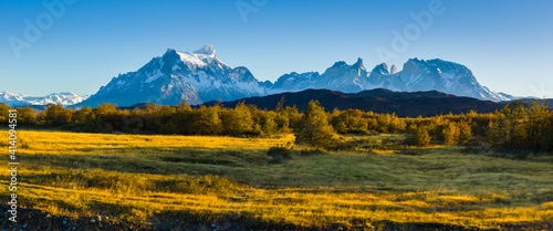 Autumn landscape with the Paine mountain range in Patagonia, Chile