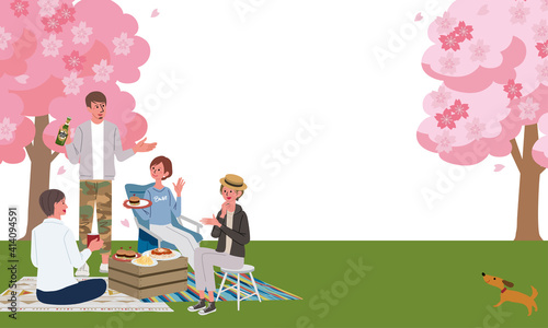お花見をする男女のイラスト　桜　春
