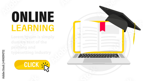 E-learning, online education at home. Digital Online Education. Laptop with book's pages as screen. Web page with books and a Graduation hat. Online training, workshops and courses, cloud technology