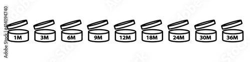 PAO symbols set. Period after opening icons colections. Useful lifetime of cosmetics after package is opened sign. 1m, 3m, 6m, 12m, 18m, 24m, 36m month best before product mark. Expiration period