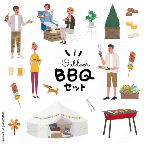 バーベキュー　キャンプ　ベランピングのイラスト　セット
