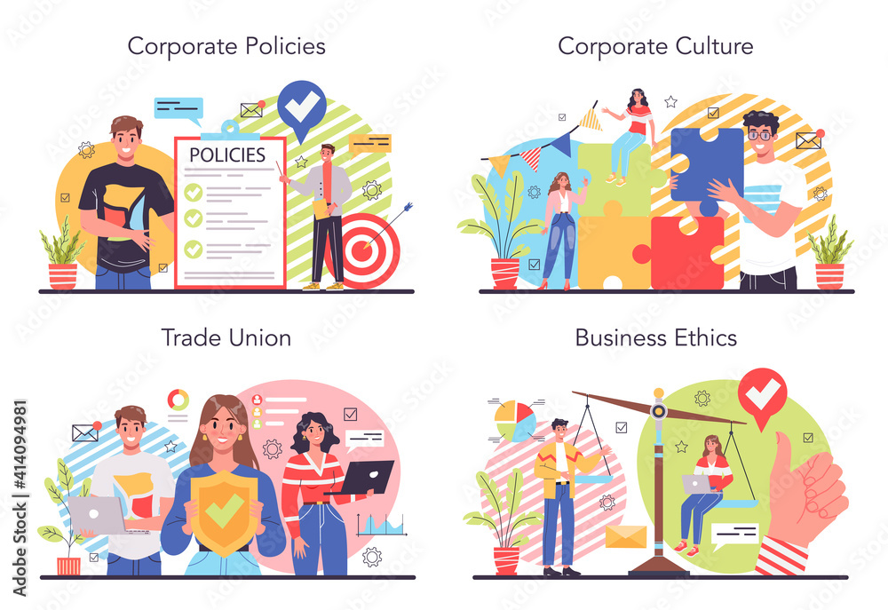Corporate culture concept set. Corporate relations. Business ethics.