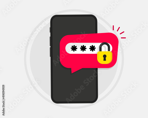 Phone with password. Password protected, smartphone security alert, personal access, authorization, protection technology. Unlocked Mobile phone notification button and entering password on the screen