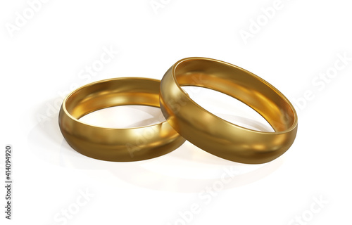Gold wedding rings isolated on white background. 3d illustration.