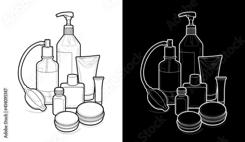cosmetics set for beauty salon - vector illustration isolated on white background. tools for a hairdresser, barbershop. shampoo, hair styling product, gel.