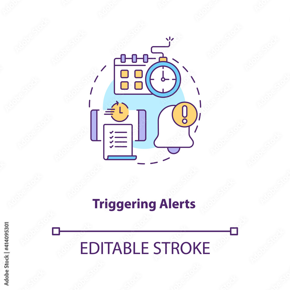 Triggering alerts concept icon. Contract management software functions. Contract management processes idea thin line illustration. Vector isolated outline RGB color drawing. Editable stroke