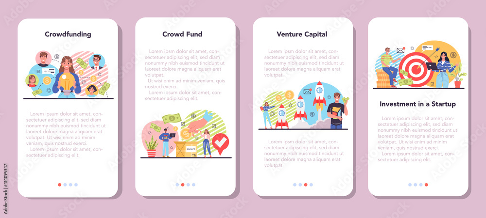 Crowdfunding mobile application banner set. Financial support Crowdfunding mobile application banner set. Financial support