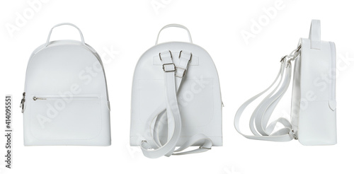 Set with stylish backpacks on white background, banner design